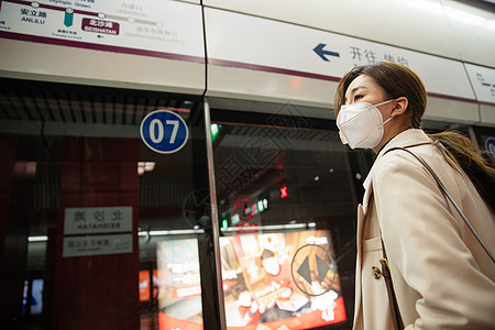 年轻女人站在地铁站台上图片