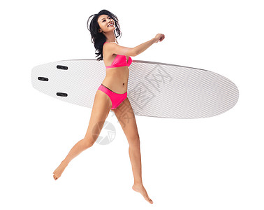 美女冲浪穿比基尼的美女拿着冲浪板背景