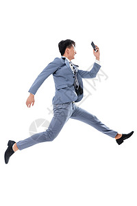 乐趣青年文化快乐拿着手机奔跑跳跃的商务男士图片