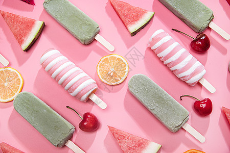 樱桃奶油冰淇淋食材清新水果和冰棍背景