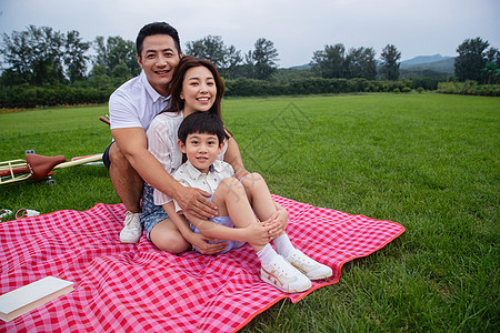 男孩保护25岁到29岁幸福的一家三口坐在野餐垫上图片