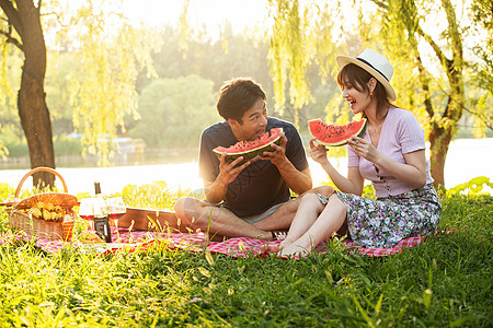 青年伴侣快乐户外在公园里郊游的幸福情侣图片