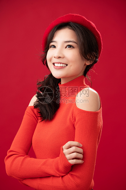 文化亚洲美女穿红色衣服的青年女人肖像图片