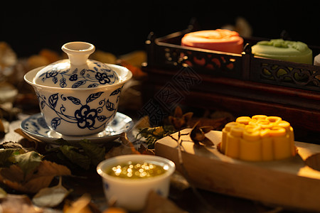 中秋节元素美味盘子中秋节月饼与中式茶杯背景