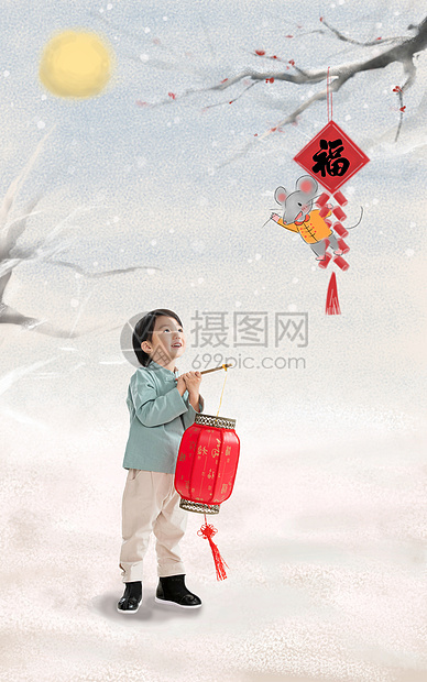 传统愉悦亚洲人小男孩手提红灯笼庆祝新年图片