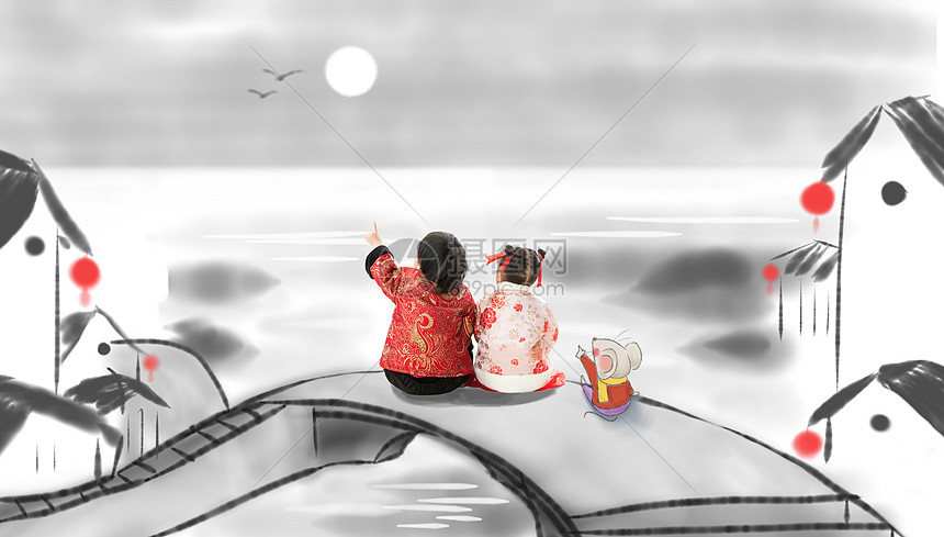 传统庆典传统文化创造兄妹两人坐在地上的背影