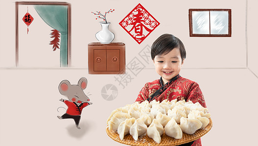 东方人花纹图案传统庆典小男孩鼠年包饺子图片