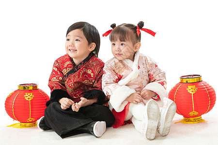 元素传统庆典红色两个小朋友庆祝新年图片