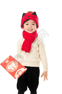 放松毛衣展示可爱的小男孩过年拿红包背景图片