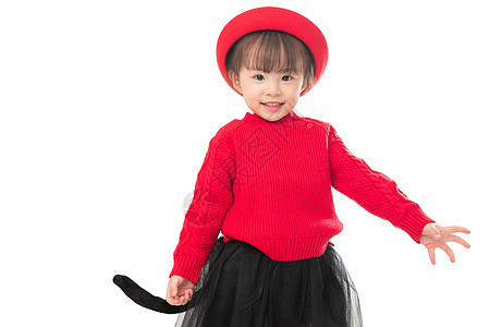 红色动物形象水平构图可爱的小女孩过新年图片