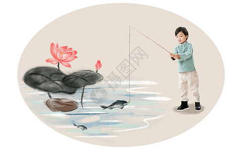 中式插画中式小男孩在河边钓鱼背景