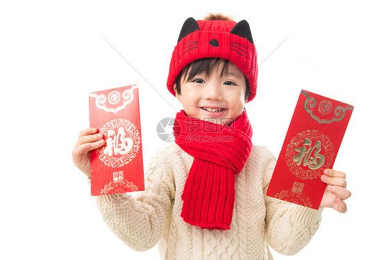 愉悦休闲装传统庆典小男孩过年穿新衣服拿红包图片