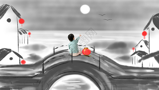 桥插画彩色图片水平构图东方人小男孩坐在桥上看月亮背景