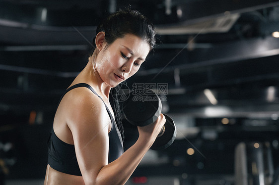 年轻女子在健身房举哑铃图片