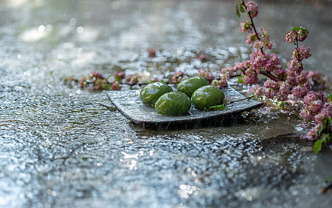 彩色图片小吃白昼雨中水面上的青团和桃花图片