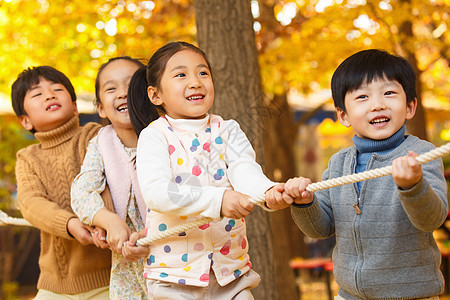 秋天树林中小学生在拔河比赛图片