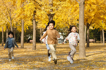 秋天树林中欢乐的男孩女孩在户外玩耍图片