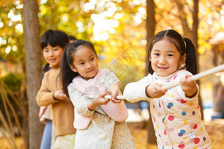 秋天树林中小学生在拔河比赛图片