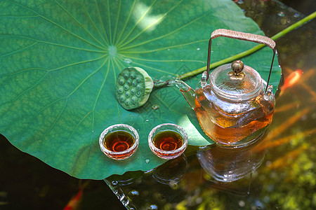 立顿红茶夏天池塘金鱼荷叶和茶具背景