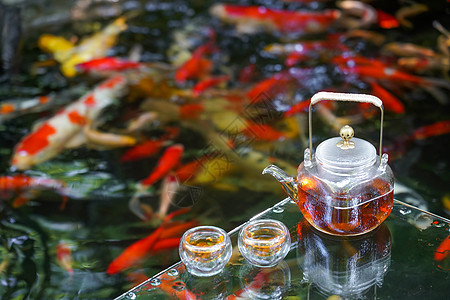夏天池塘金鱼荷叶和茶具图片