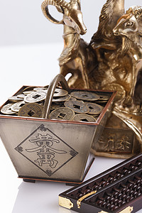 中国硬币古典式经济静物算盘和铜钱背景