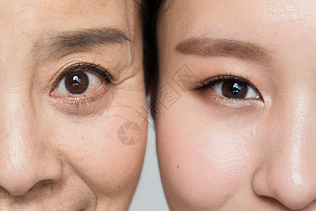 家庭肖像协调母女眼睛特写高清图片