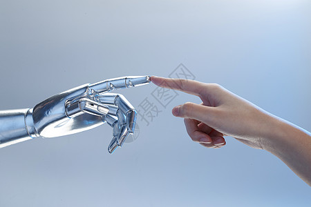 蓝色工业科技机械手与人类之手背景