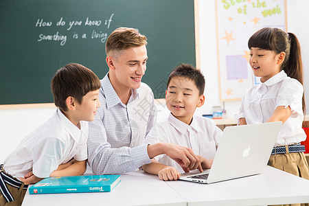 国际儿童日成年人希望黑板教师和小学生在教室里背景