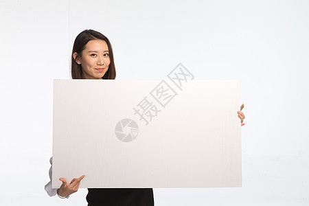 商务人士满意东亚商务青年女人和白板图片