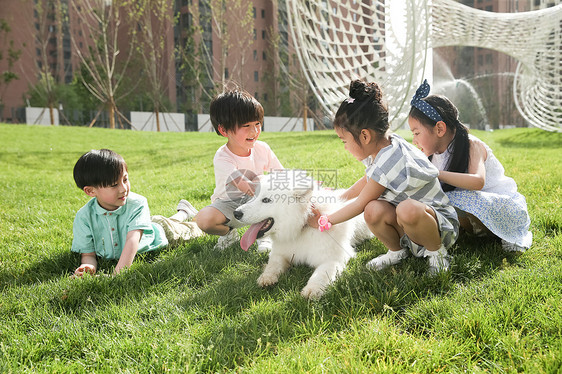 户外快乐的孩子在外面和狗狗玩耍图片