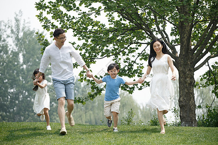 绿色25岁到29岁青年伴侣快乐家庭在草地上奔跑图片