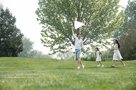 水平构图绿色东方人一家三口在草地上放风筝图片