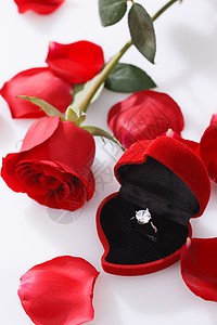 夺目订婚钻戒玫瑰花瓣钻戒和玫瑰花背景