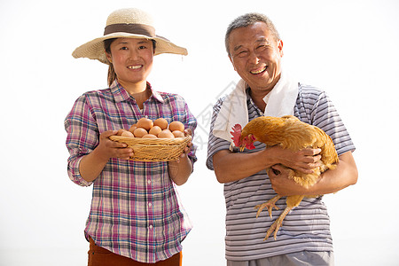 人与动物农民拿着鸡和鸡蛋背景