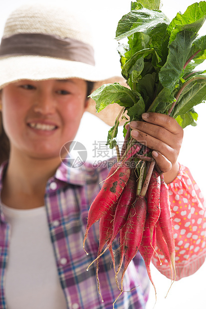 农业成年农民拿着一捆小萝卜图片