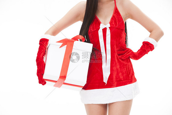 彩色图片红色圣诞节拿着圣诞礼物的年轻女人图片