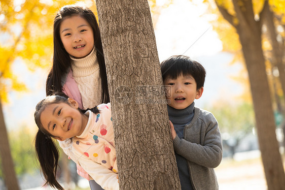 学龄儿童伙伴树干欢乐的男孩女孩在户外玩耍图片