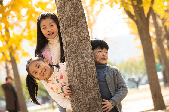 亚洲树欢乐的男孩女孩在户外玩耍图片