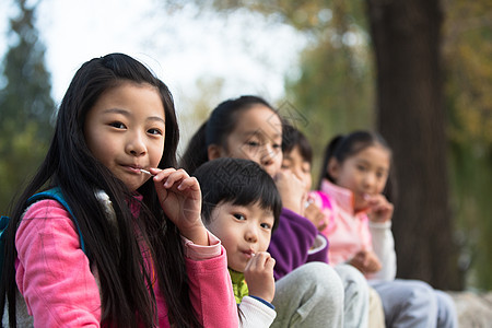 秋天树欢乐可爱的男孩女孩在户外玩耍图片