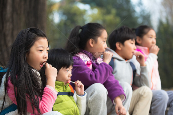 亚洲人小学生度假可爱的男孩女孩在户外玩耍图片