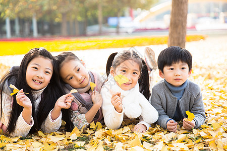 享乐白昼树叶可爱的男孩女孩在户外玩耍图片