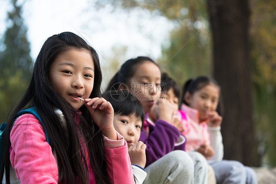 健康的秋天公园可爱的男孩女孩在户外玩耍图片