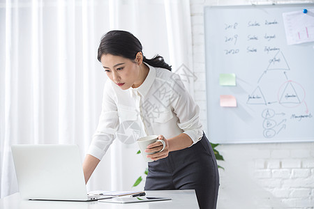 商务人士技能半身像青年商务女人使用笔记本电脑办公背景图片