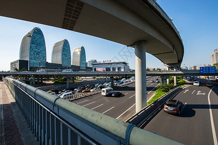 现代城市街道人造建筑桥商业区北京西直门建筑群背景