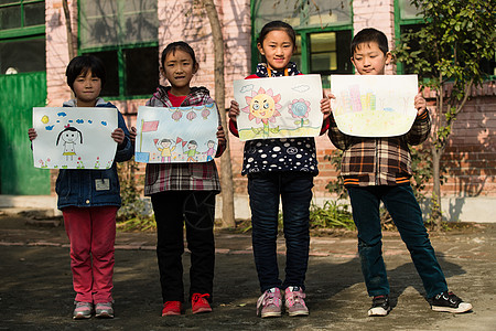 建筑画乡村小学里的小学生背景