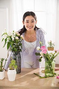 花艺插画花瓶成年人优雅青年女人的家庭生活背景