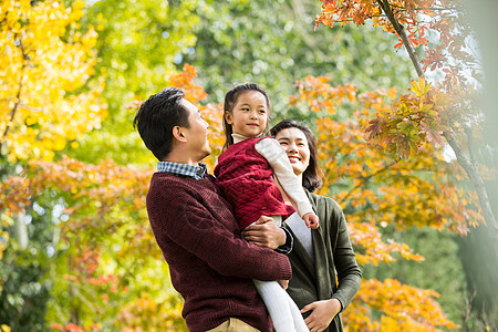 树树叶前景聚焦幸福家庭在户外玩耍图片