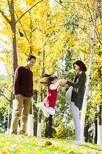 树怀孕的公园幸福家庭在户外玩耍图片