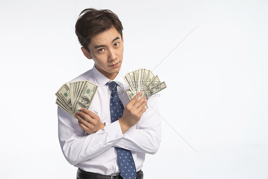 赚钱衬衫领带财富商务青年男人拿着美元图片