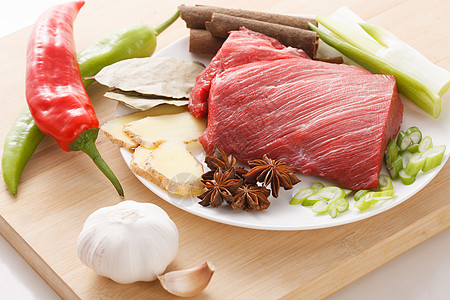 牛肉食材香叶肉和调味品背景图片